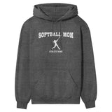 Softball Mom with Softball Player Icon and Softball Player Name on a Hoodie with a White Graphic