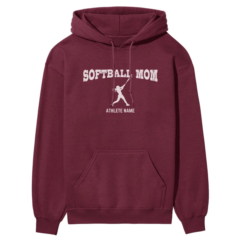 Softball Mom with Softball Player Icon and Softball Player Name on a Hoodie with a White Graphic