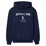 Softball Mom with Softball Player Icon and Softball Player Name on a Hoodie with a White Graphic