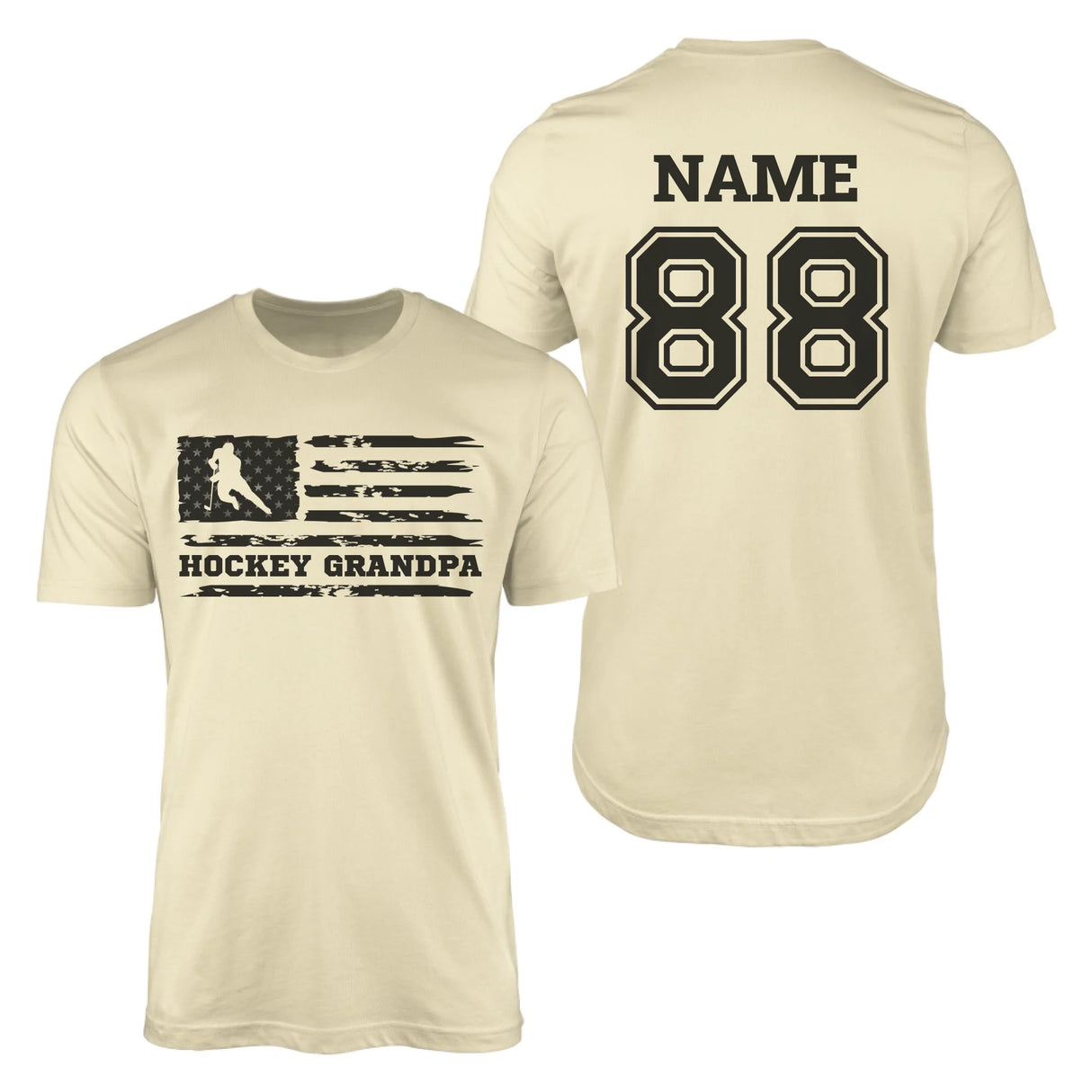 Hockey Grandpa Horizontal Flag With Hockey Player Name on a Men's T-Shirt with a Black Graphic