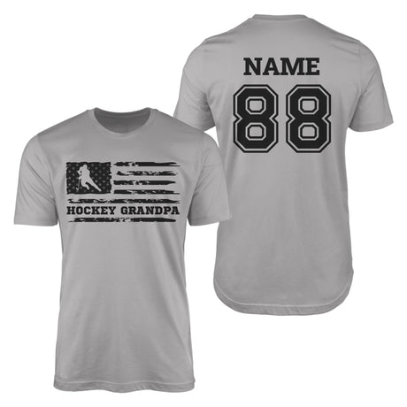 Hockey Grandpa Horizontal Flag With Hockey Player Name on a Men's T-Shirt with a Black Graphic