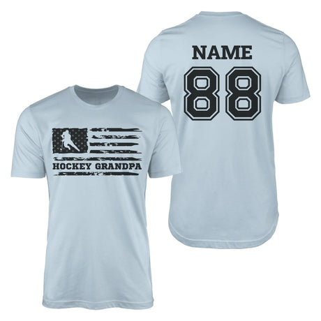 Hockey Grandpa Horizontal Flag With Hockey Player Name on a Men's T-Shirt with a Black Graphic