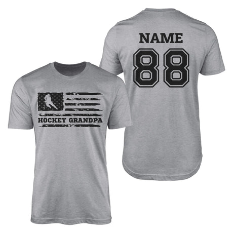 Hockey Grandpa Horizontal Flag With Hockey Player Name on a Men's T-Shirt with a Black Graphic