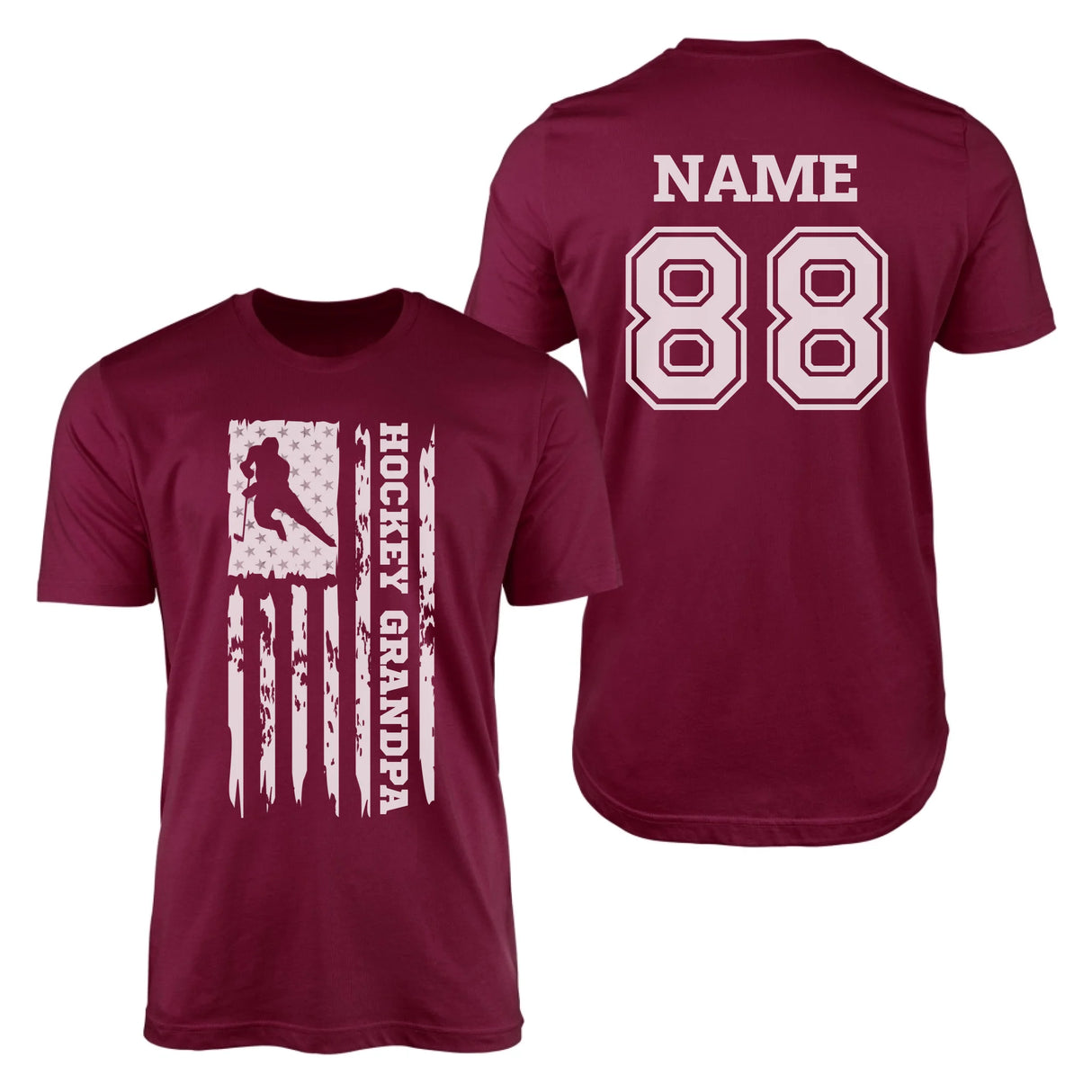 Hockey Grandpa Vertical Flag With Hockey Player Name on a Men's T-Shirt with a White Graphic