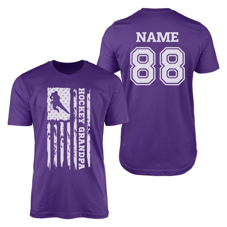 Hockey Grandpa Vertical Flag With Hockey Player Name on a Men's T-Shirt with a White Graphic