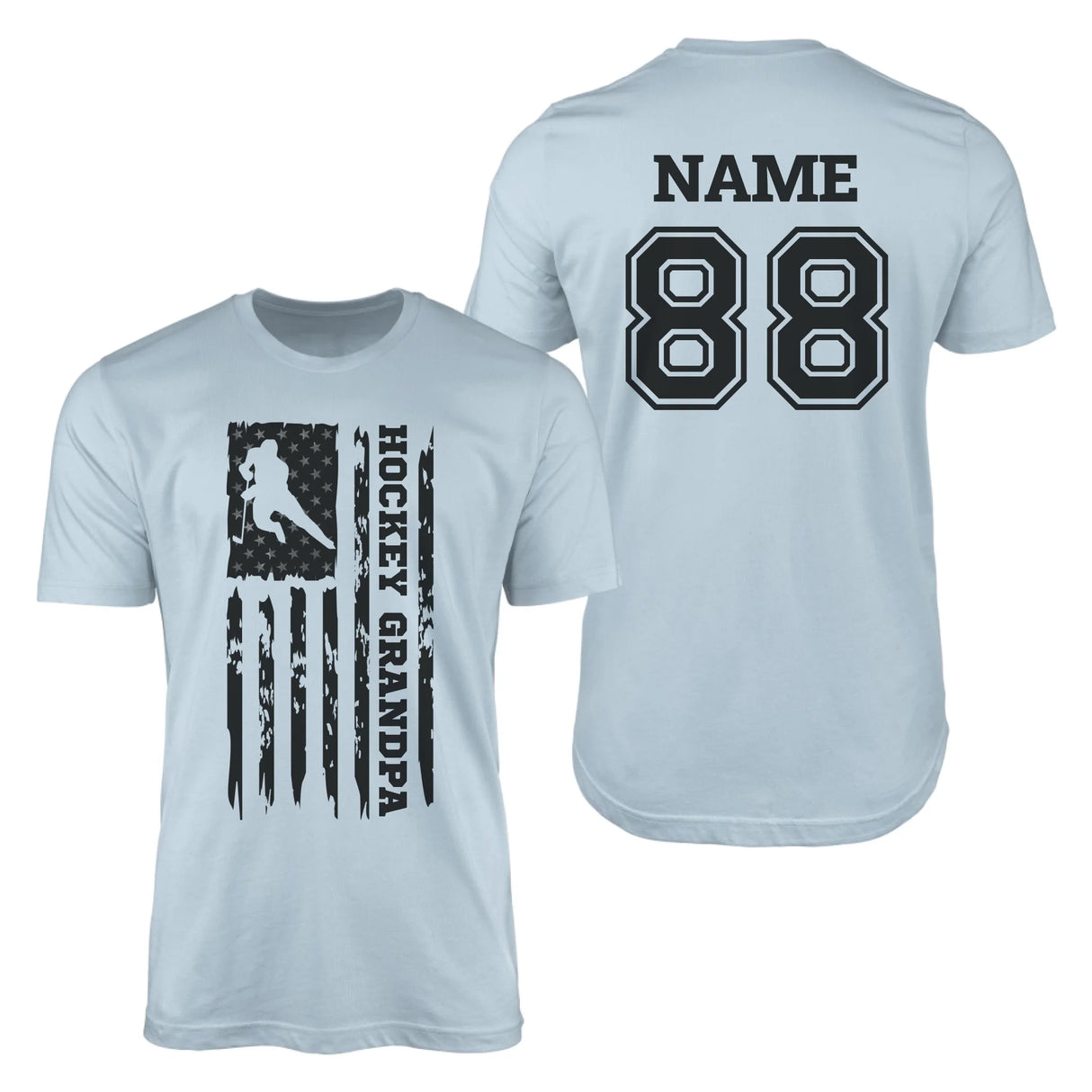 Hockey Grandpa Vertical Flag With Hockey Player Name on a Men's T-Shirt with a Black Graphic