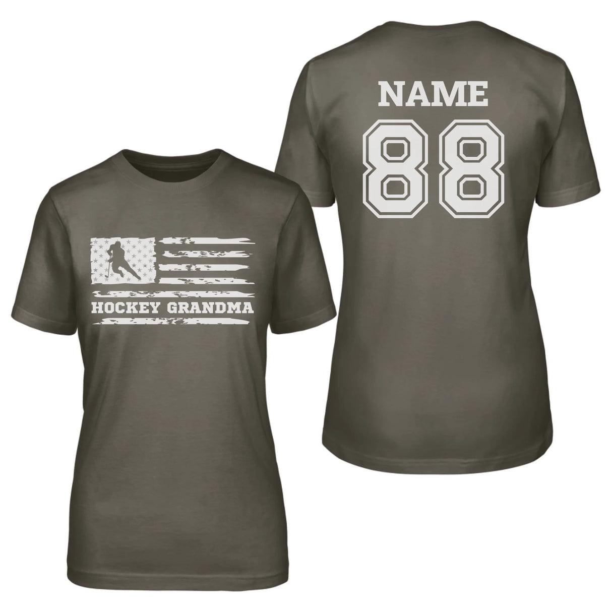 Hockey Grandma Horizontal Flag With Hockey Player Name on a Unisex T-Shirt with a White Graphic