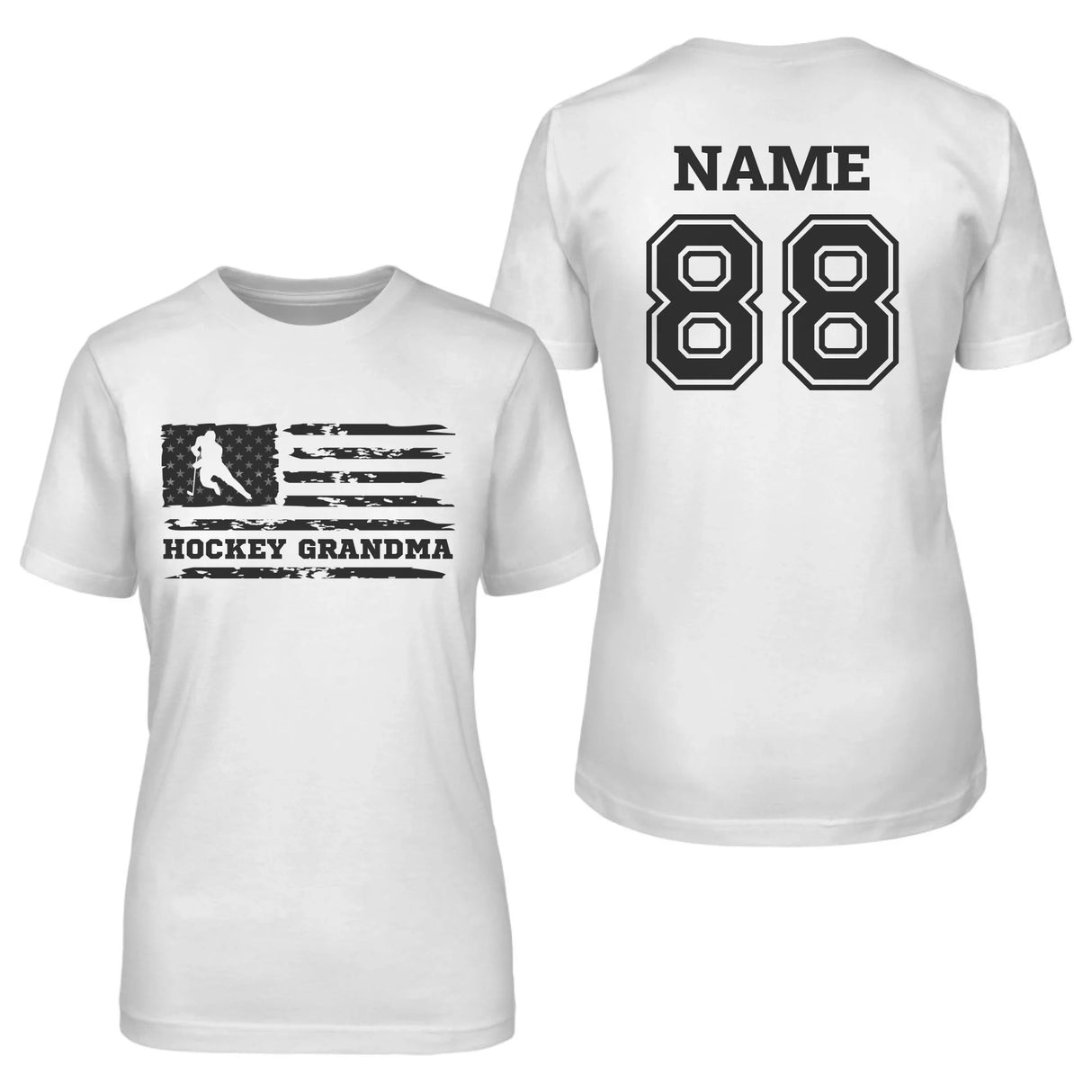 Hockey Grandma Horizontal Flag With Hockey Player Name on a Unisex T-Shirt with a Black Graphic