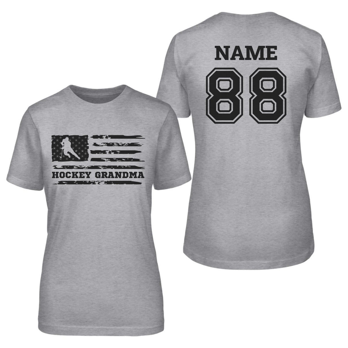 Hockey Grandma Horizontal Flag With Hockey Player Name on a Unisex T-Shirt with a Black Graphic