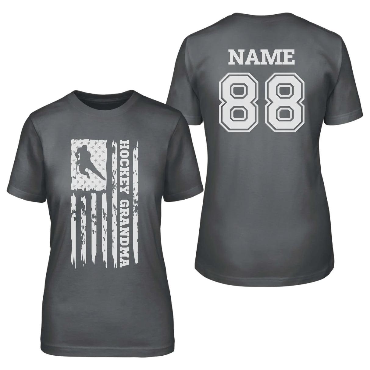 Hockey Grandma Vertical Flag With Hockey Player Name on a Unisex T-Shirt with a White Graphic