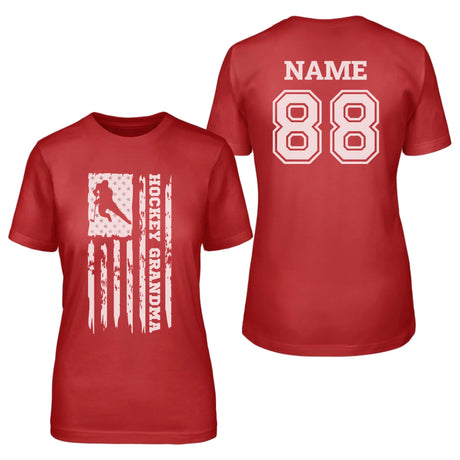 Hockey Grandma Vertical Flag With Hockey Player Name on a Unisex T-Shirt with a White Graphic