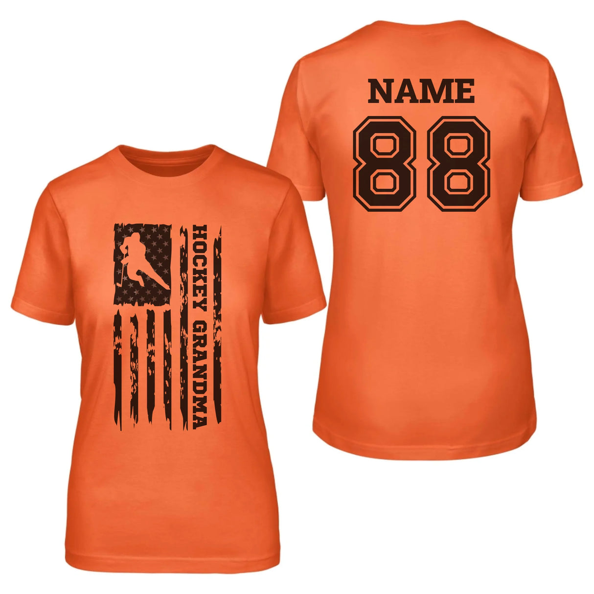 Hockey Grandma Vertical Flag With Hockey Player Name on a Unisex T-Shirt with a Black Graphic