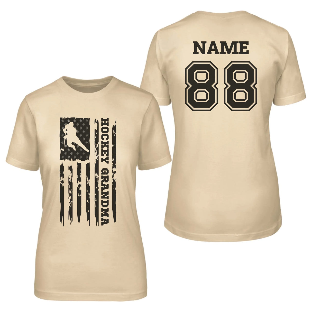 Hockey Grandma Vertical Flag With Hockey Player Name on a Unisex T-Shirt with a Black Graphic