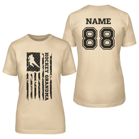 Hockey Grandma Vertical Flag With Hockey Player Name on a Unisex T-Shirt with a Black Graphic