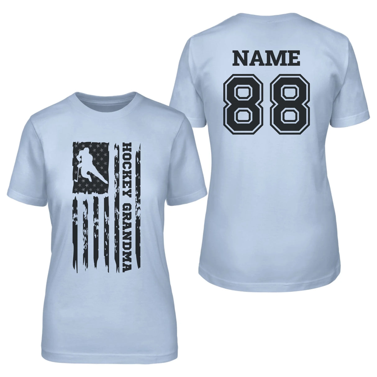 Hockey Grandma Vertical Flag With Hockey Player Name on a Unisex T-Shirt with a Black Graphic