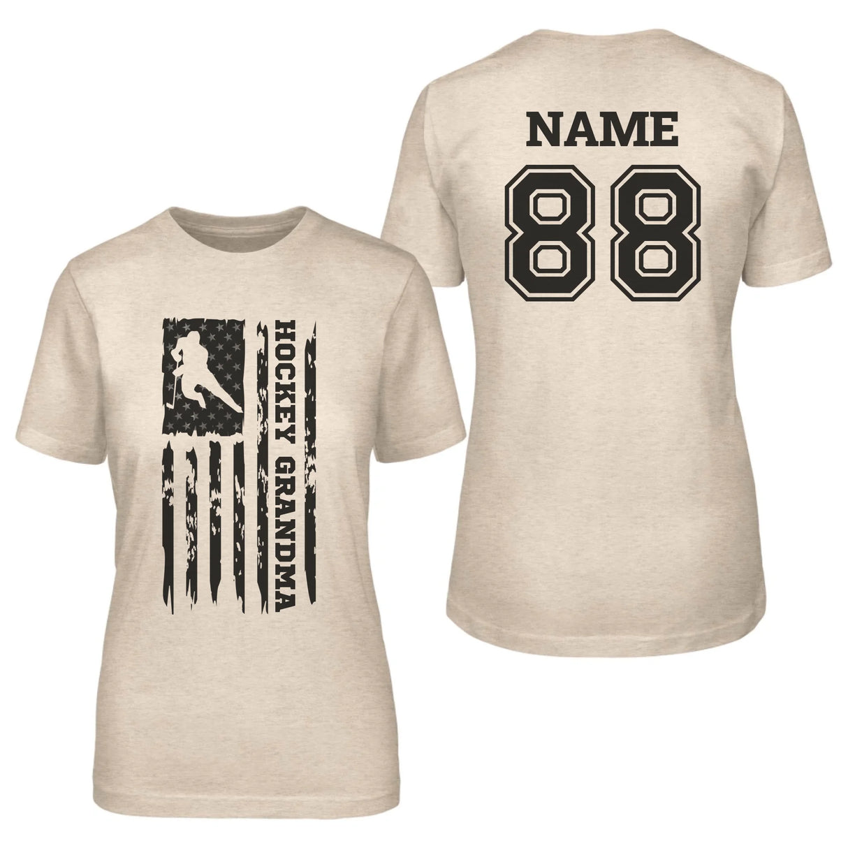 Hockey Grandma Vertical Flag With Hockey Player Name on a Unisex T-Shirt with a Black Graphic