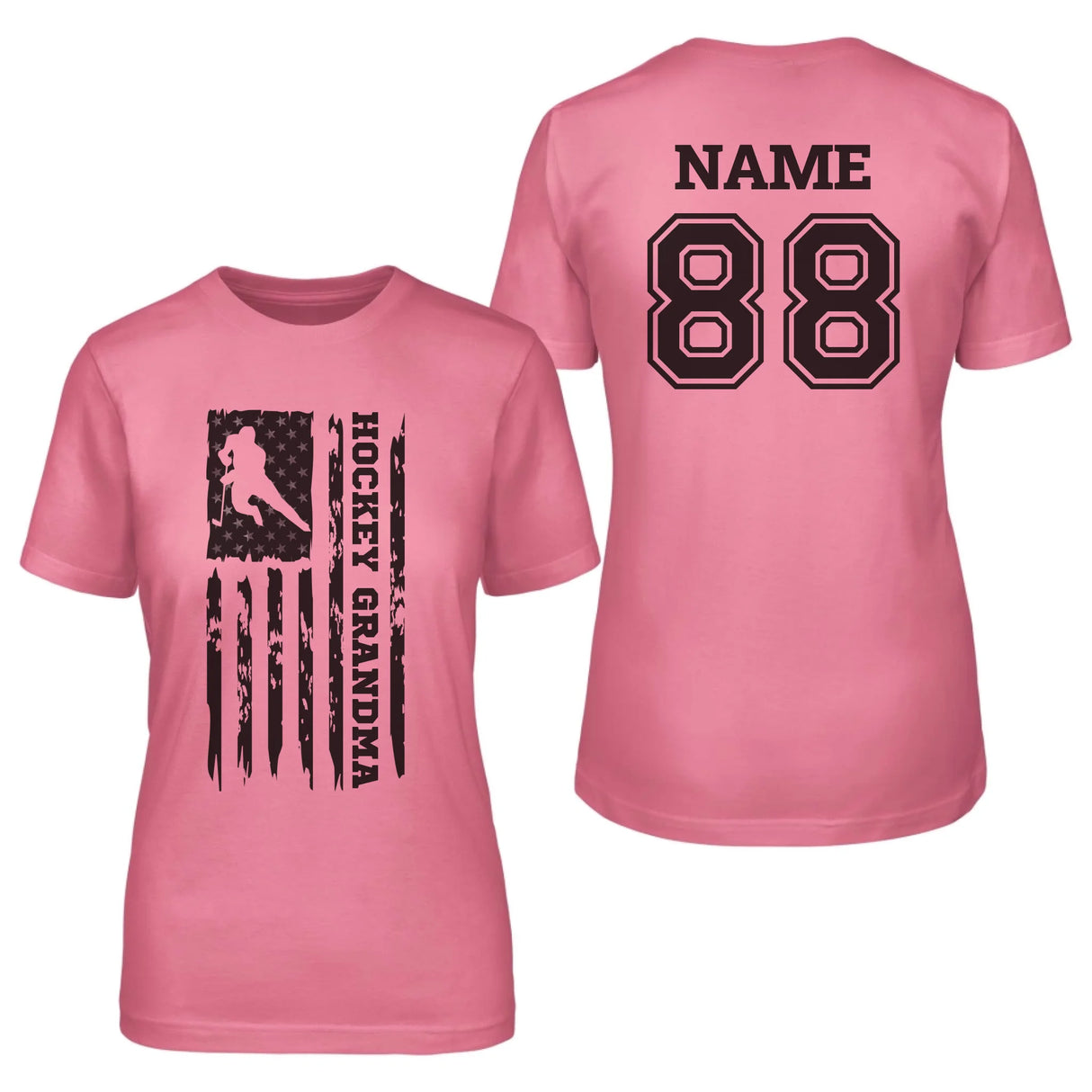 Hockey Grandma Vertical Flag With Hockey Player Name on a Unisex T-Shirt with a Black Graphic