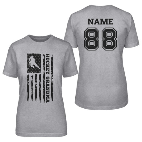 Hockey Grandma Vertical Flag With Hockey Player Name on a Unisex T-Shirt with a Black Graphic