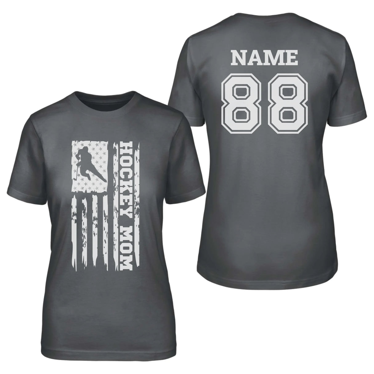 Hockey Mom Vertical Flag With Hockey Player Name on a Unisex T-Shirt with a White Graphic