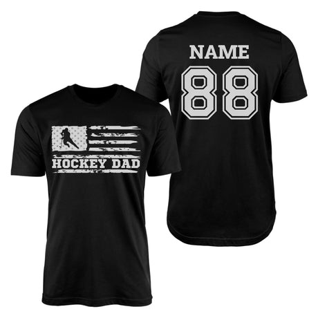 Hockey Dad Horizontal Flag With Hockey Player Name on a Men's T-Shirt with a White Graphic