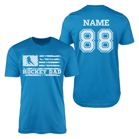 Hockey Dad Horizontal Flag With Hockey Player Name on a Men's T-Shirt with a White Graphic