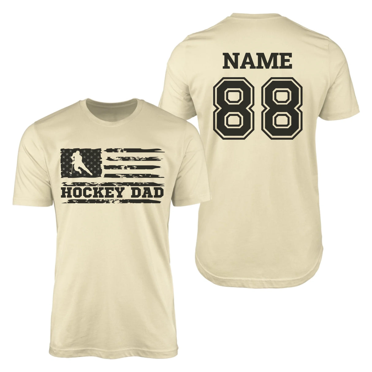 Hockey Dad Horizontal Flag With Hockey Player Name on a Men's T-Shirt with a Black Graphic