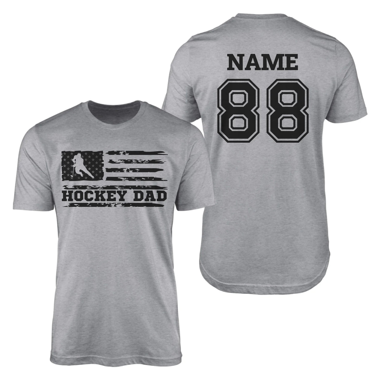 Hockey Dad Horizontal Flag With Hockey Player Name on a Men's T-Shirt with a Black Graphic