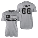 Hockey Dad Horizontal Flag With Hockey Player Name on a Men's T-Shirt with a Black Graphic