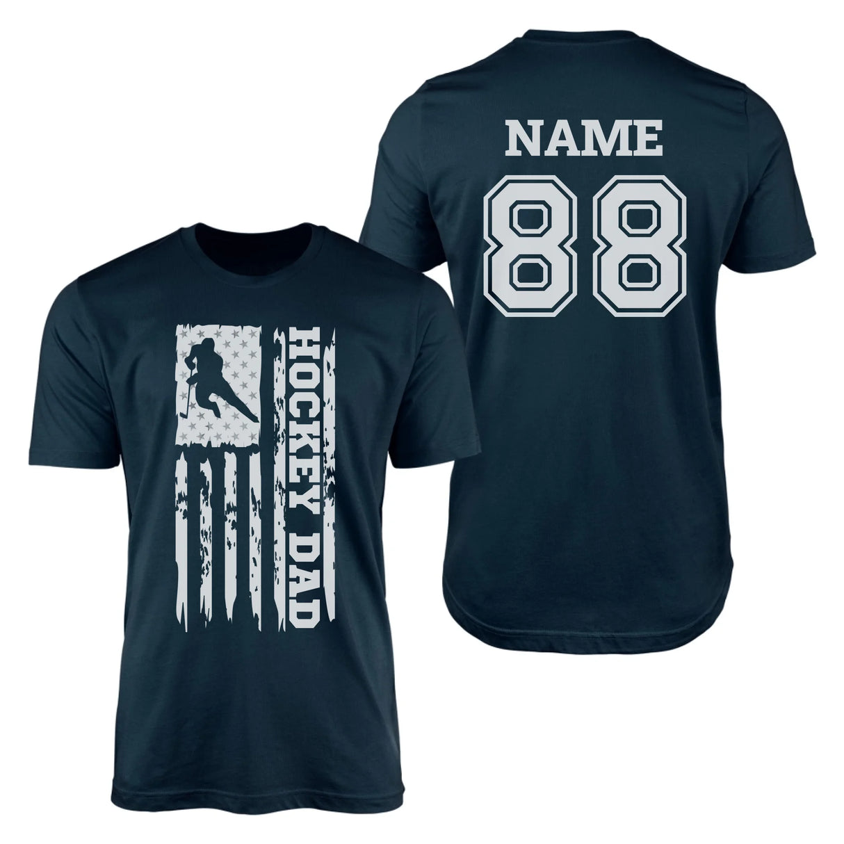 Hockey Dad Vertical Flag With Hockey Player Name on a Men's T-Shirt with a White Graphic