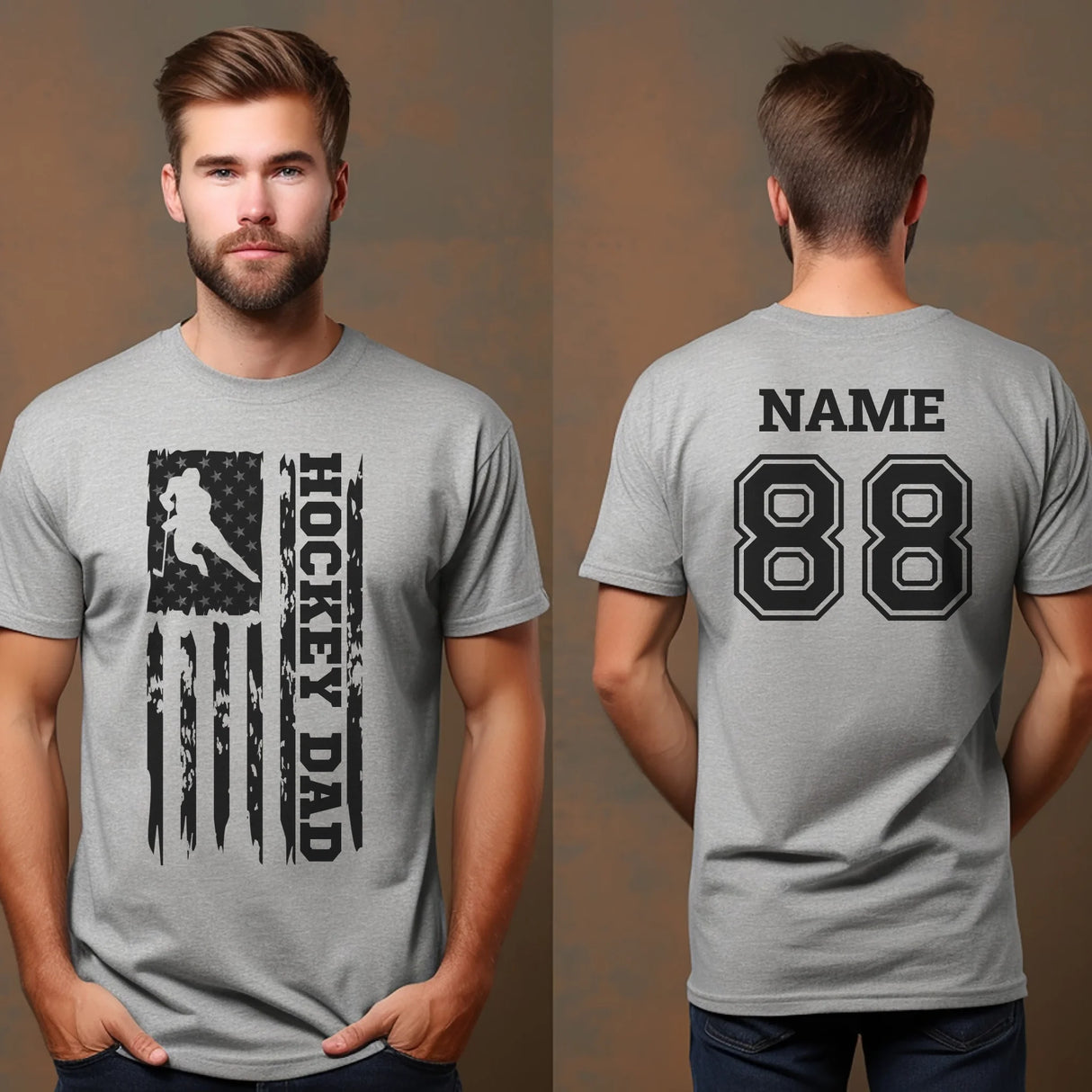 Hockey Dad Vertical Flag With Hockey Player Name on a Men's T-Shirt with a Black Graphic