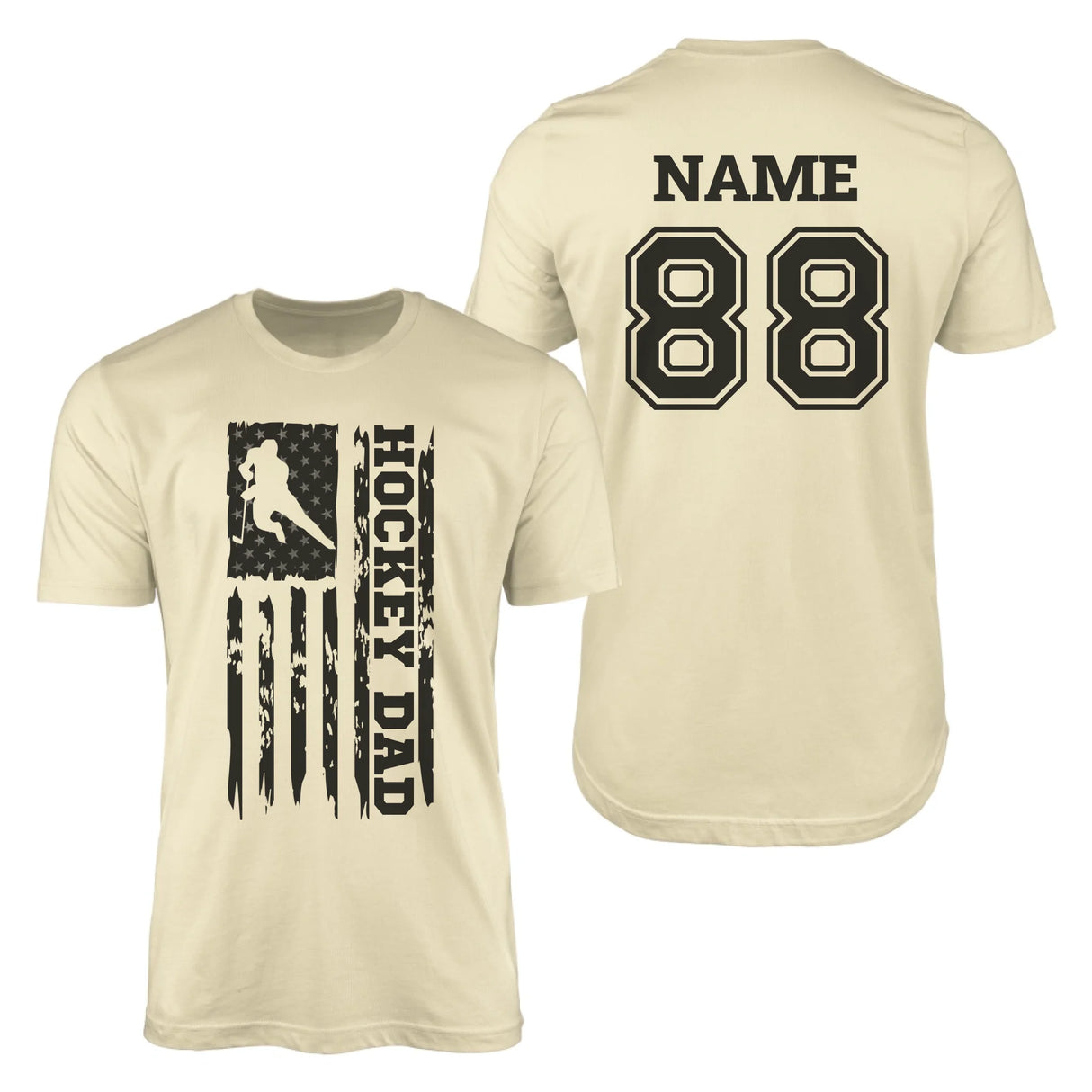 Hockey Dad Vertical Flag With Hockey Player Name on a Men's T-Shirt with a Black Graphic