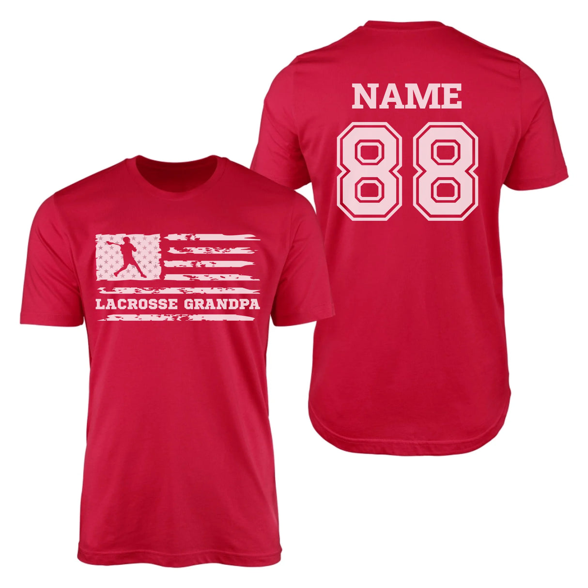 Lacrosse Grandpa Horizontal Flag With Lacrosse Player Name on a Men's T-Shirt with a White Graphic