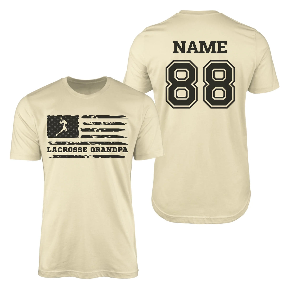 Lacrosse Grandpa Horizontal Flag With Lacrosse Player Name on a Men's T-Shirt with a Black Graphic