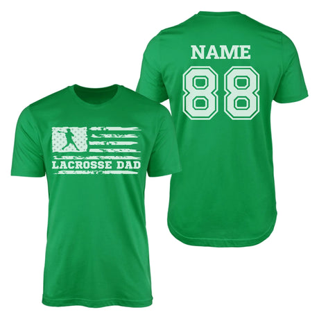 Lacrosse Dad Horizontal Flag With Lacrosse Player Name on a Men's T-Shirt with a White Graphic