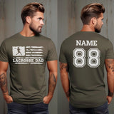 Lacrosse Dad Horizontal Flag With Lacrosse Player Name on a Men's T-Shirt with a White Graphic