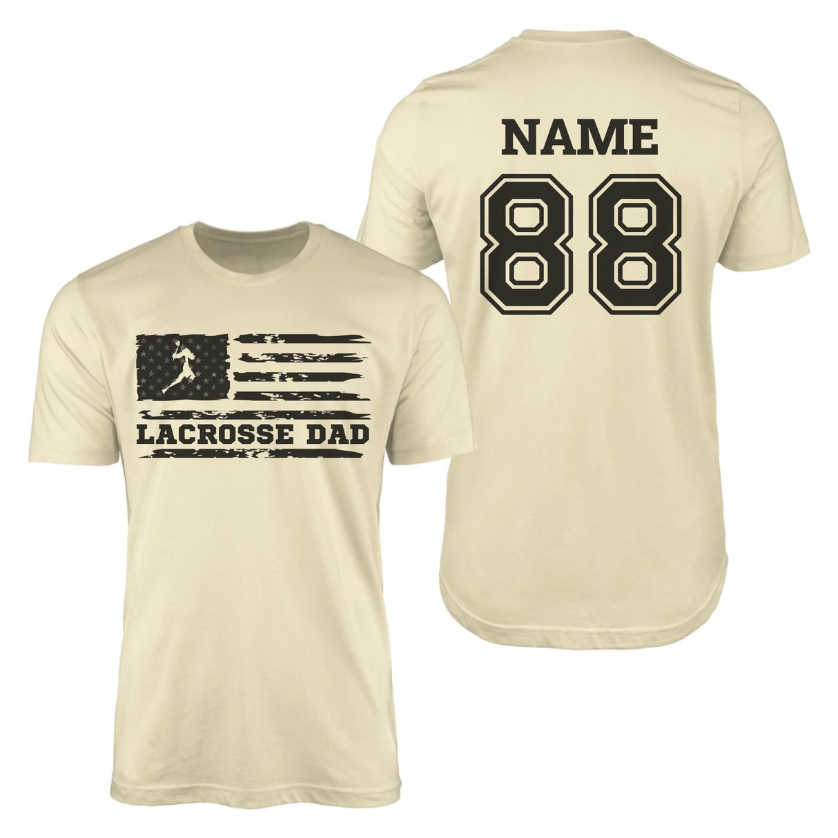 Lacrosse Dad Horizontal Flag With Lacrosse Player Name on a Men's T-Shirt with a Black Graphic