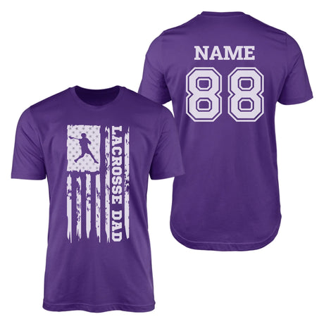 Lacrosse Dad Vertical Flag With Lacrosse Player Name on a Men's T-Shirt with a White Graphic