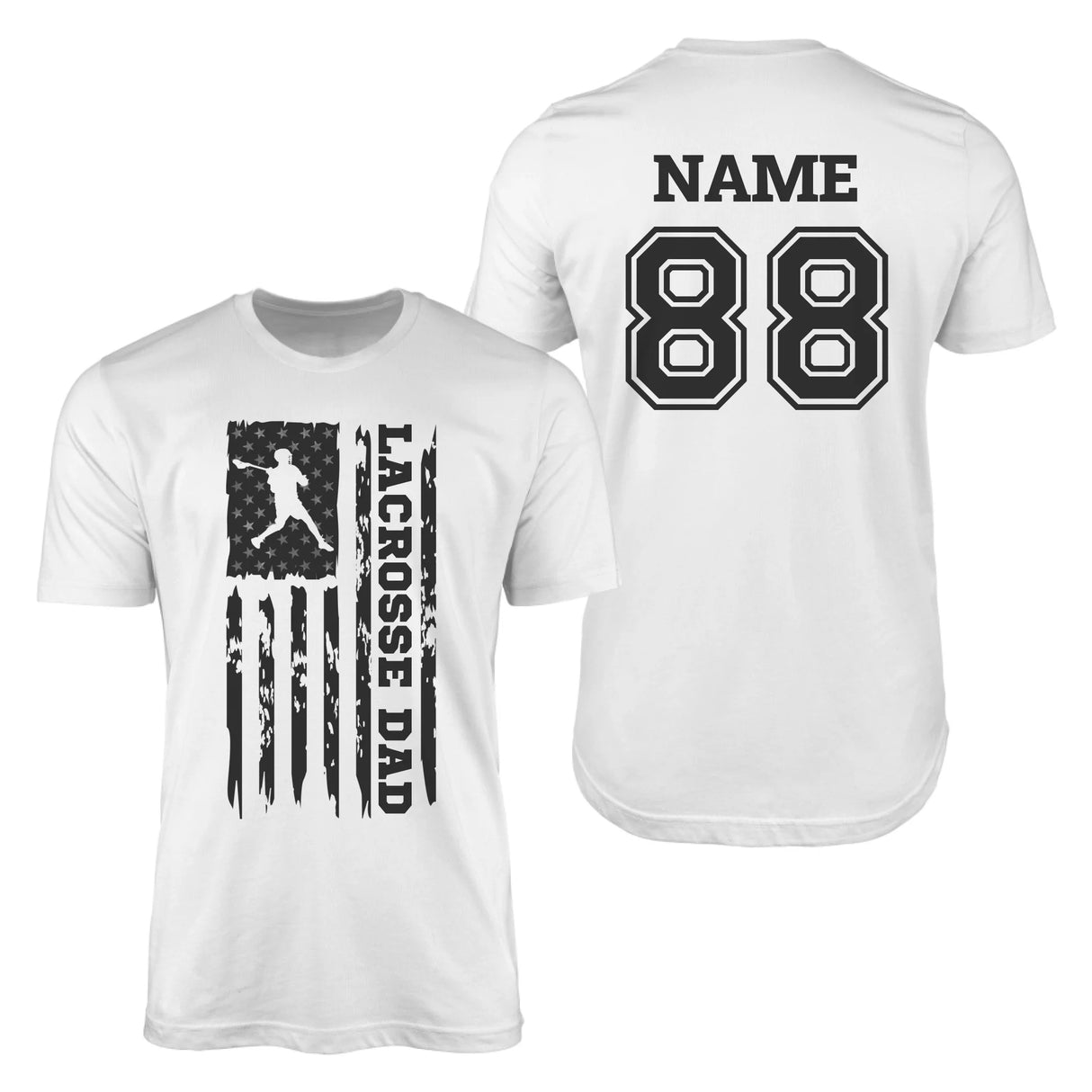 Lacrosse Dad Vertical Flag With Lacrosse Player Name on a Men's T-Shirt with a Black Graphic