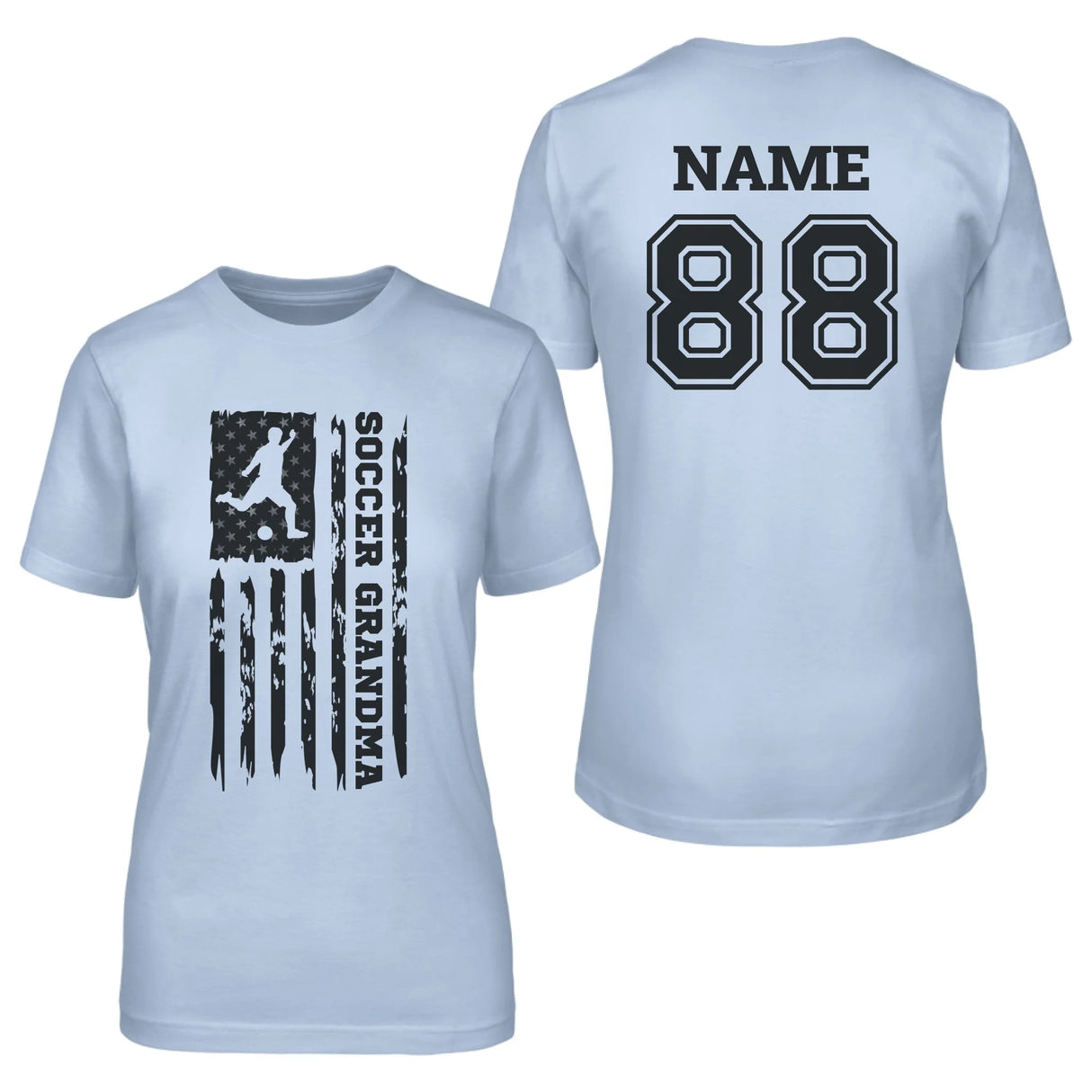 Soccer Grandma Vertical Flag With Soccer Player Name on a Unisex T-Shirt with a Black Graphic