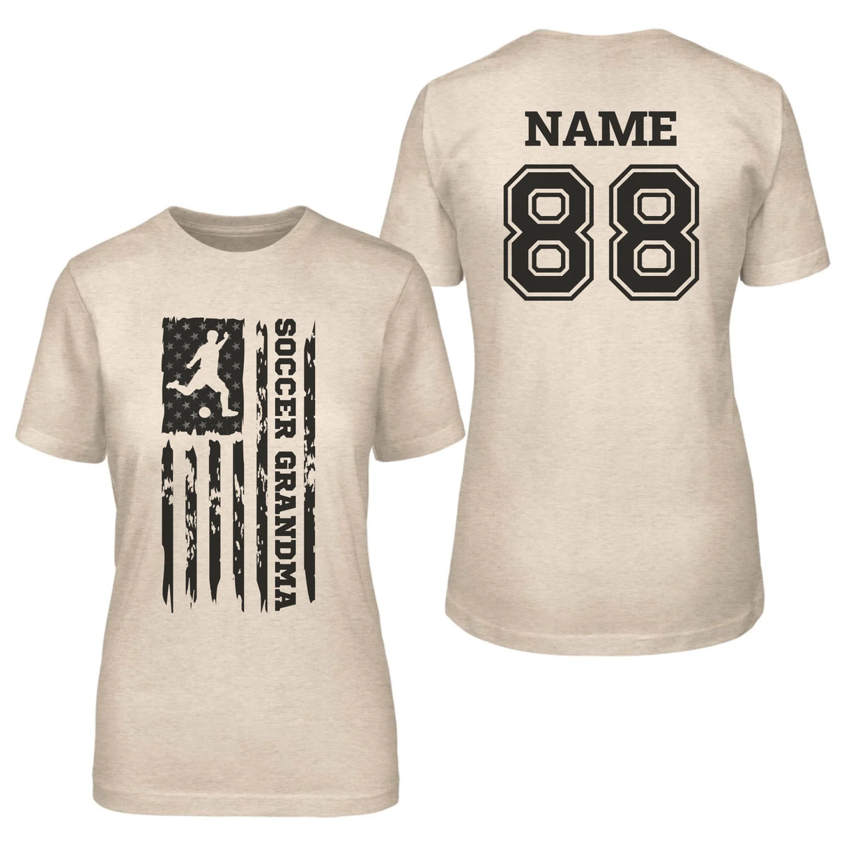 Soccer Grandma Vertical Flag With Soccer Player Name on a Unisex T-Shirt with a Black Graphic