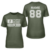 Soccer Mom Horizontal Flag With Soccer Player Name on a Unisex T-Shirt with a White Graphic