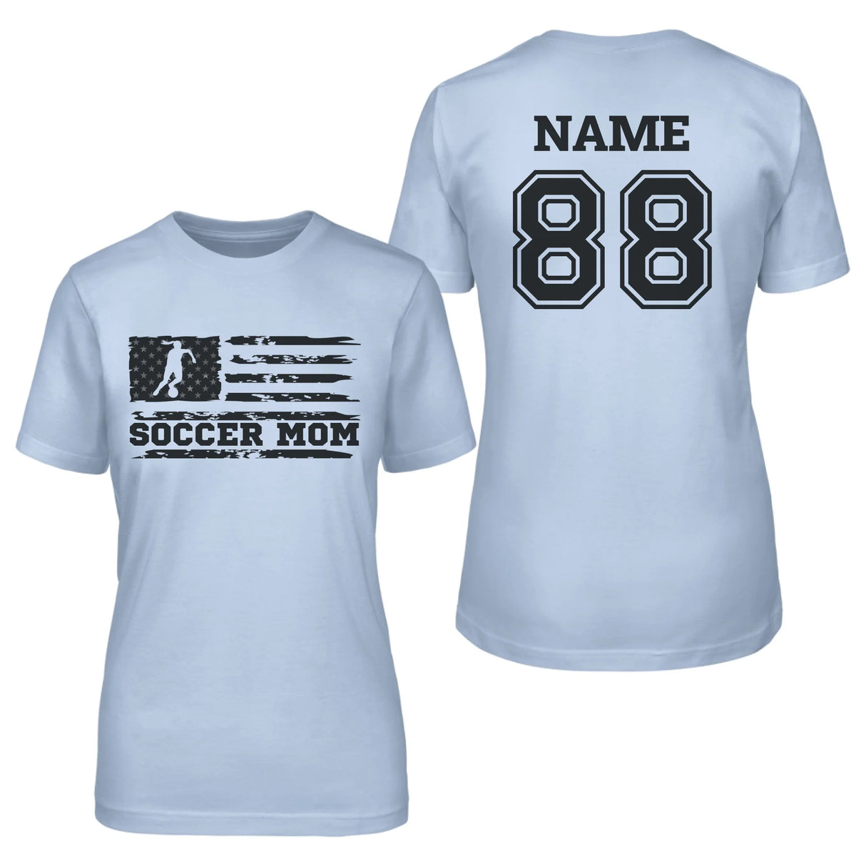 Soccer Mom Horizontal Flag With Soccer Player Name on a Unisex T-Shirt with a Black Graphic