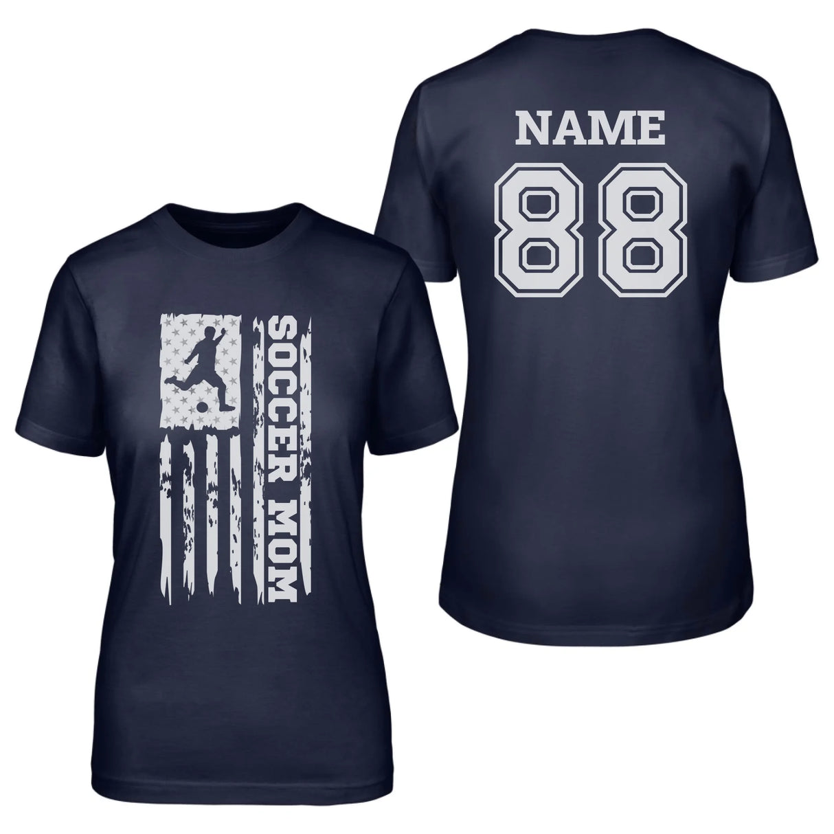 Soccer Mom Vertical Flag With Soccer Player Name on a Unisex T-Shirt with a White Graphic