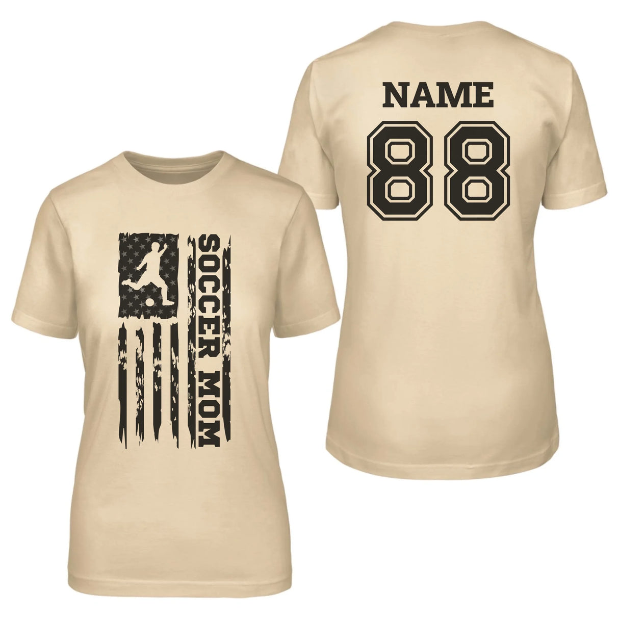 Soccer Mom Vertical Flag With Soccer Player Name on a Unisex T-Shirt with a Black Graphic