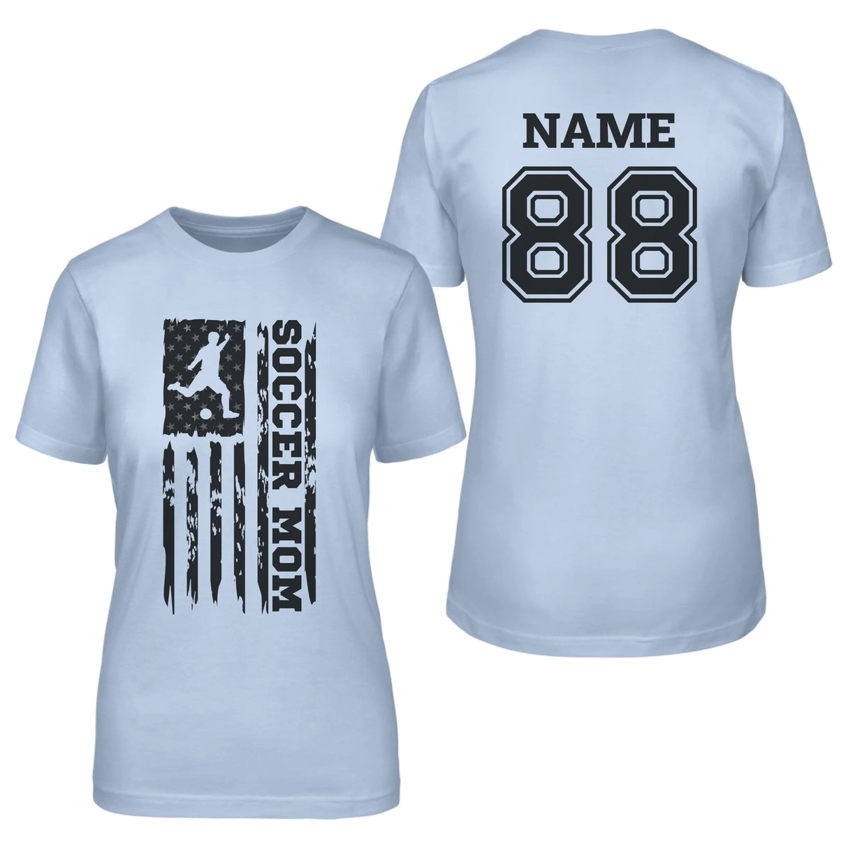 Soccer Mom Vertical Flag With Soccer Player Name on a Unisex T-Shirt with a Black Graphic