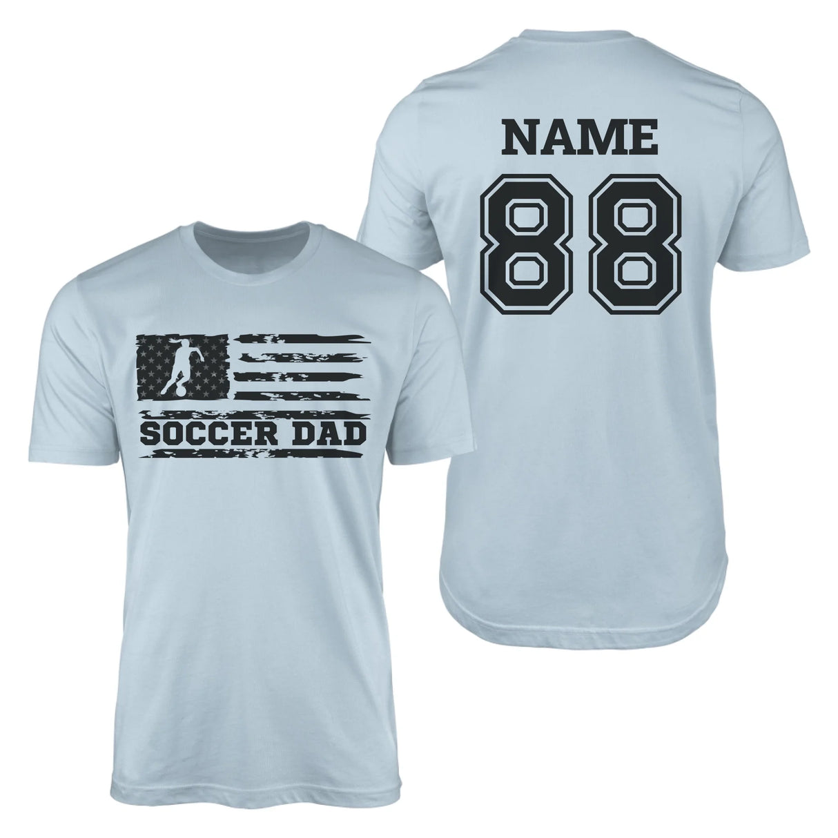 Soccer Dad Horizontal Flag With Soccer Player Name on a Men's T-Shirt with a Black Graphic