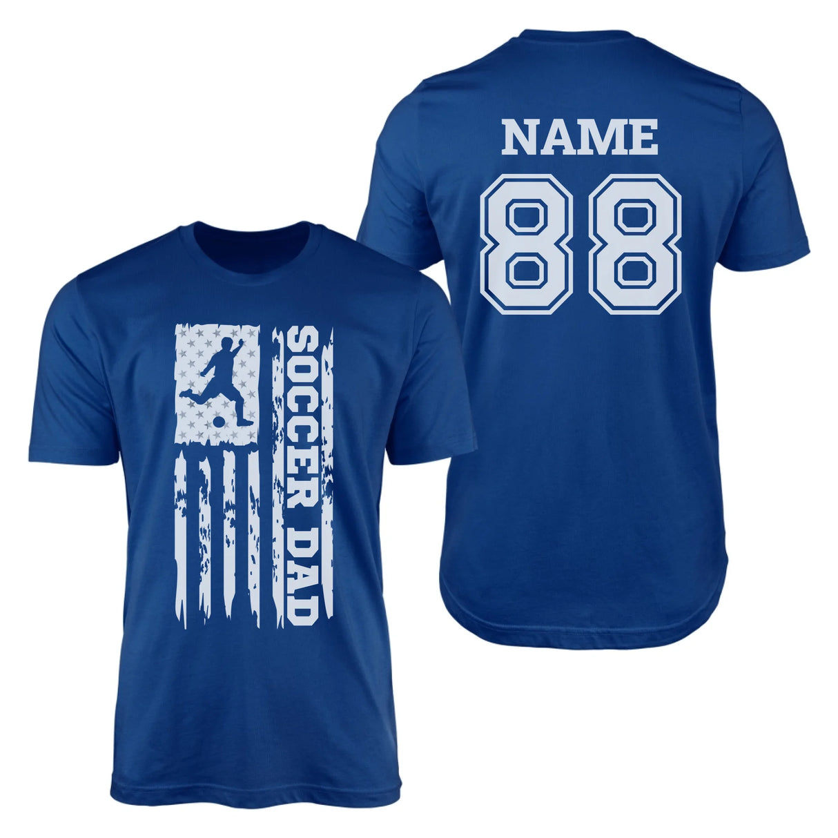 Soccer Dad Vertical Flag With Soccer Player Name on a Men's T-Shirt with a White Graphic