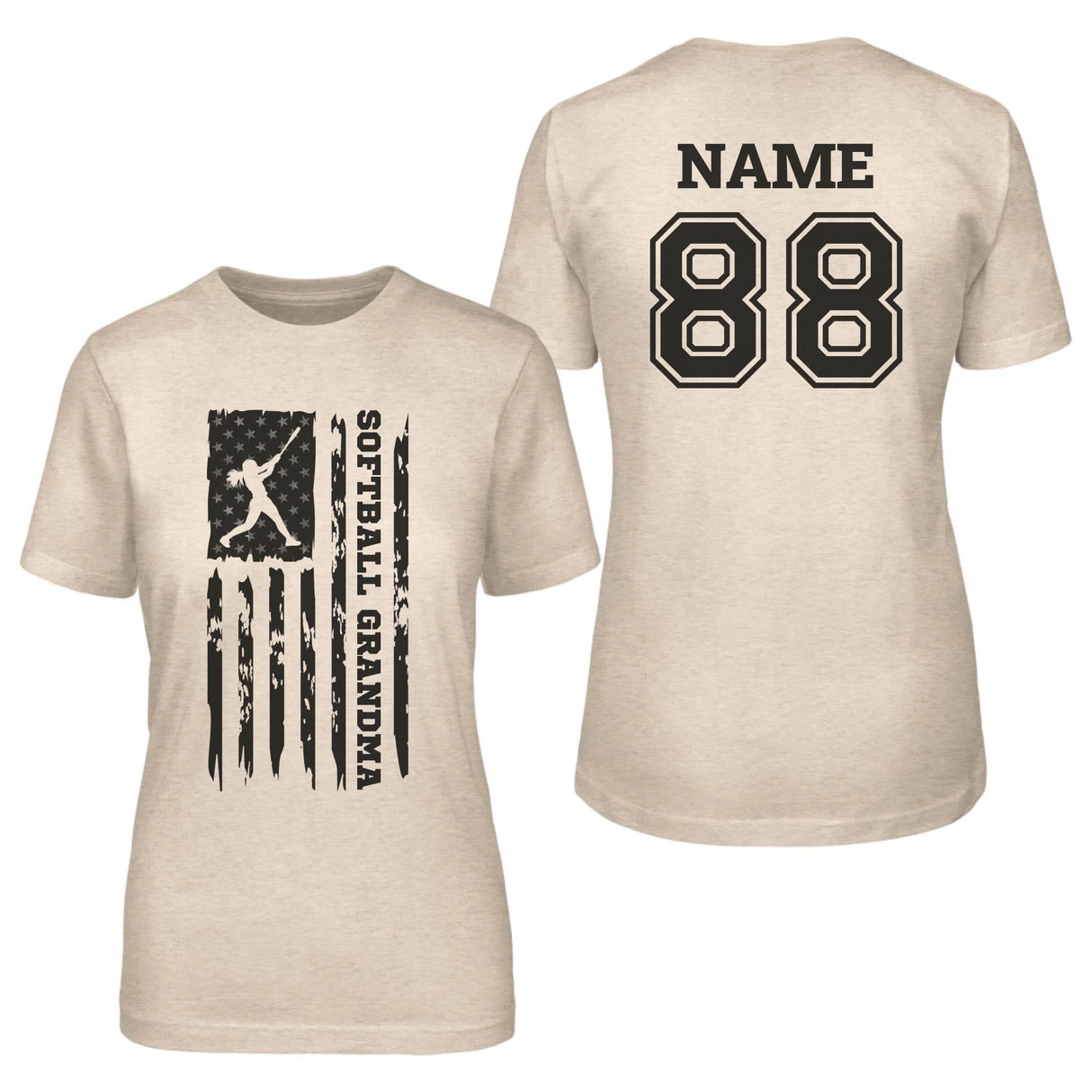 Softball Grandma Vertical Flag With Softball Player Name on a Unisex T-Shirt with a Black Graphic