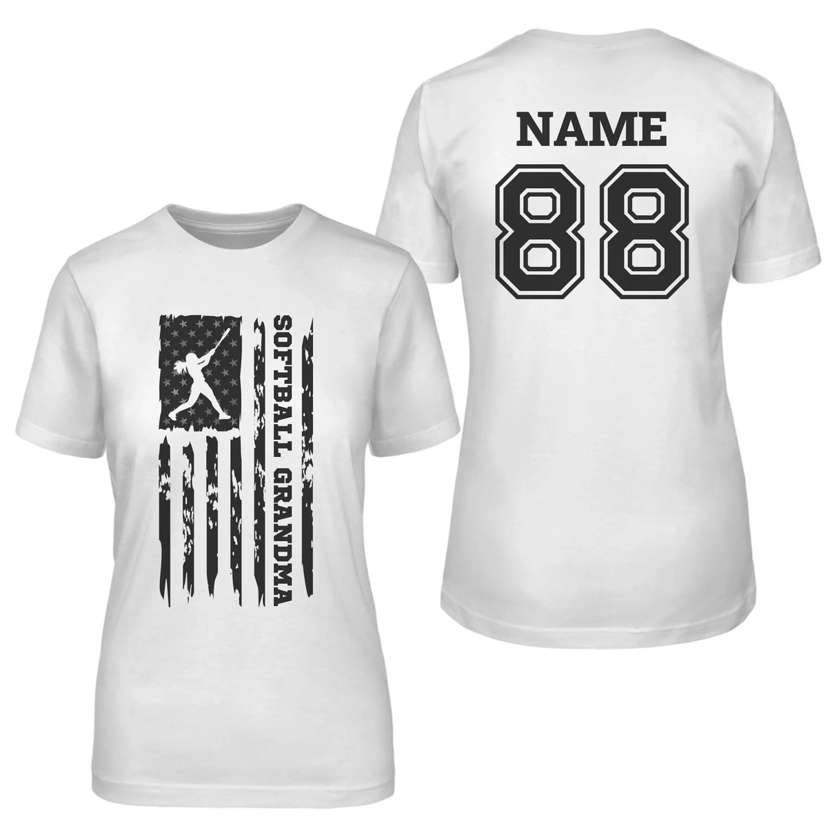 Softball Grandma Vertical Flag With Softball Player Name on a Unisex T-Shirt with a Black Graphic