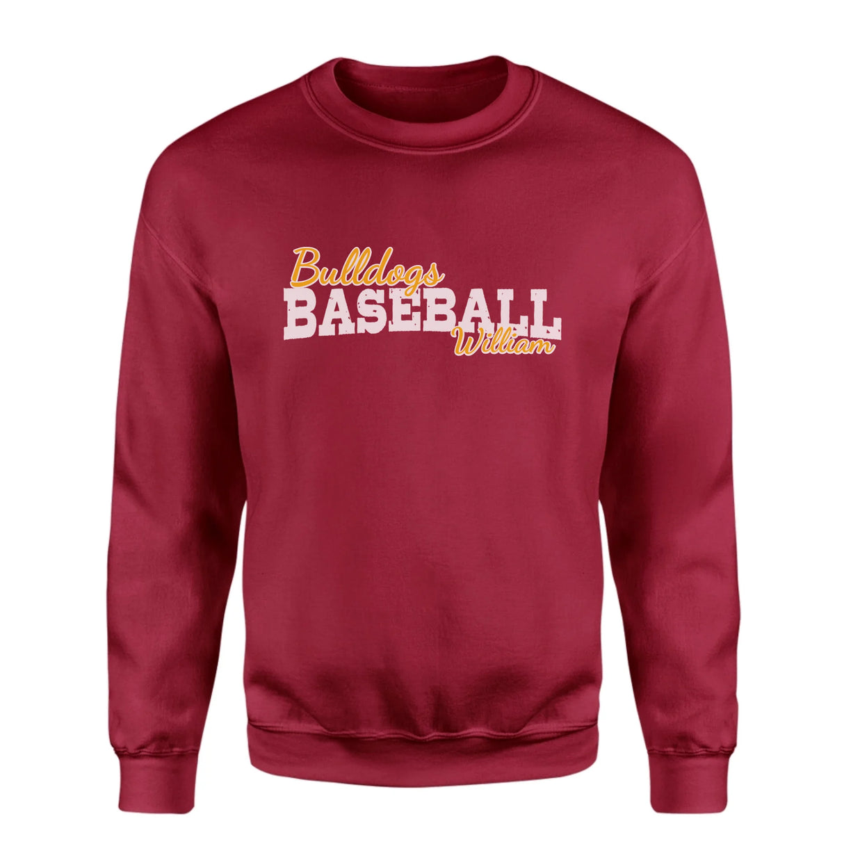 Custom Baseball Mascot and Baseball Player Name on a Sweatshirt with a White Graphic